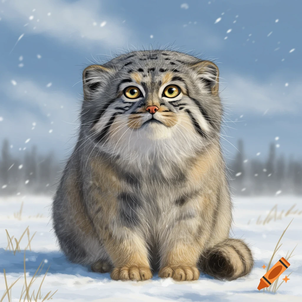 A fluffy Pallas's cat with big yellow eyes sits in a snowy landscape with snowflakes falling.