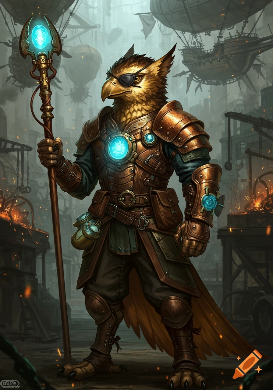 An Aarakocra artificer with a black eyepatch stands in bronze armor, holding a glowing staff in a steampunk city.