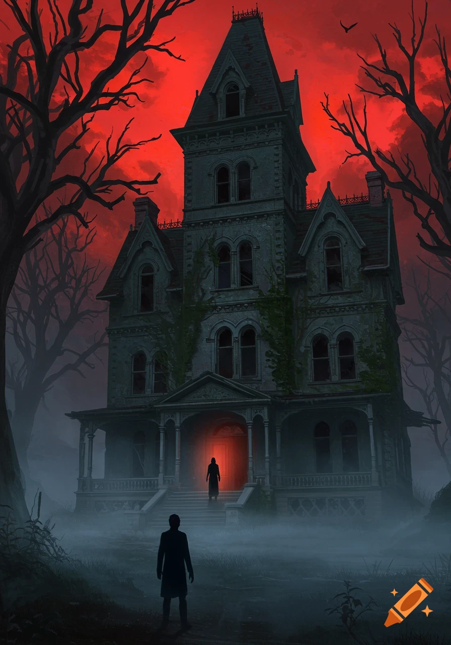 Dark, atmospheric illustration of a haunted Victorian mansion at night under a red sky, with two shadowy figures in fog.