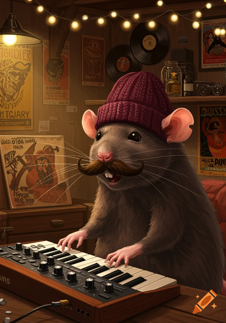 A rat with a mustache and a red beanie plays a synthesizer in a dimly lit room adorned with posters and records.