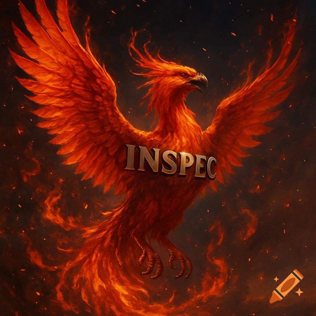 A fiery red phoenix with large wings spread wide, rising from orange flames with the word "INSPEC" on its chest.