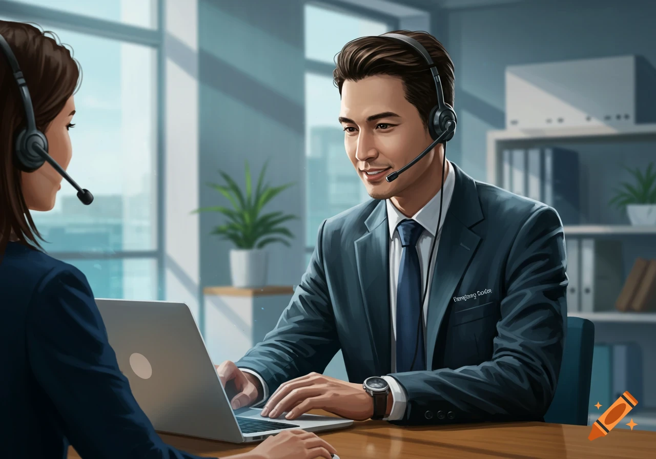 Two customer service people, one man and one woman, sit at desks in an office, wearing headsets and using laptops.