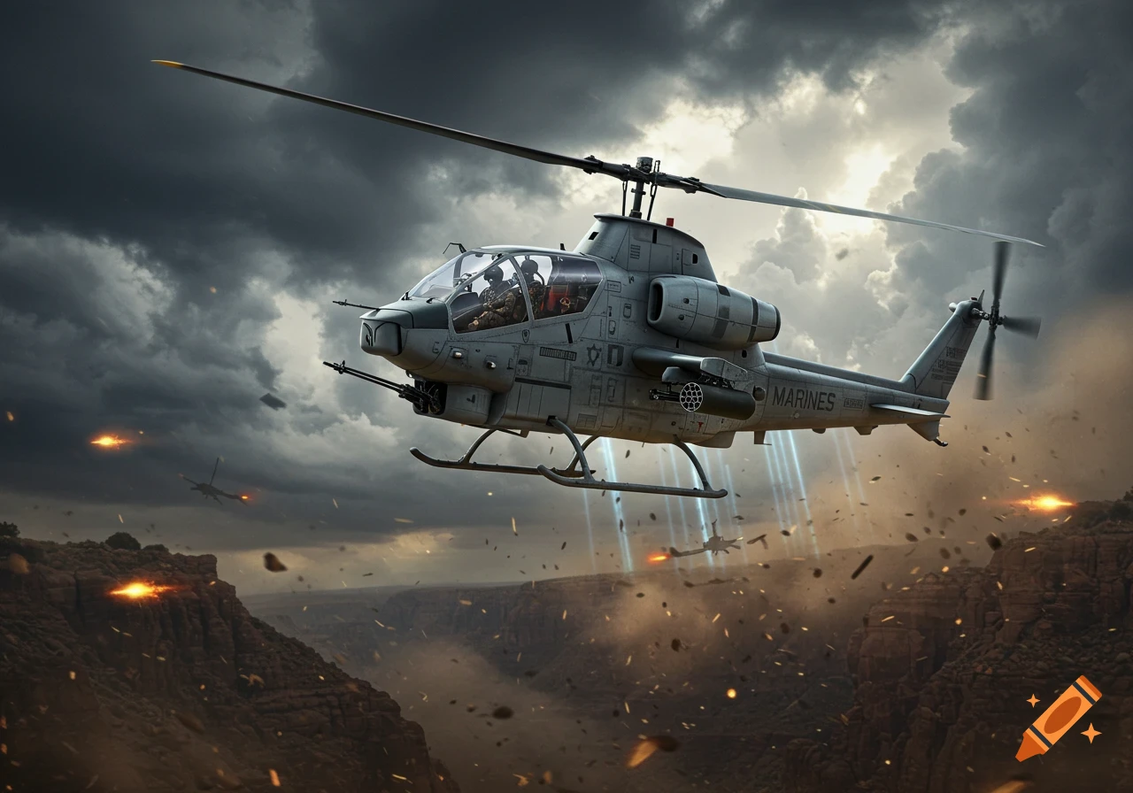 A photorealistic image of a US Marine Corps AH-1 Cobra helicopter flying through a canyon battlefield under a dramatic stormy sky.