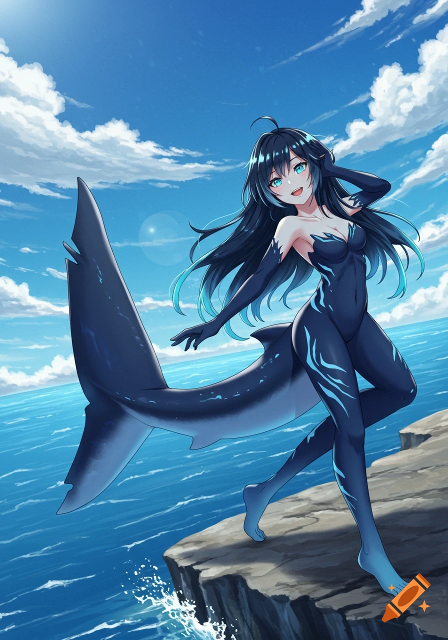 Anime-style shark girl with dark hair and blue eyes standing on a cliff overlooking the ocean.