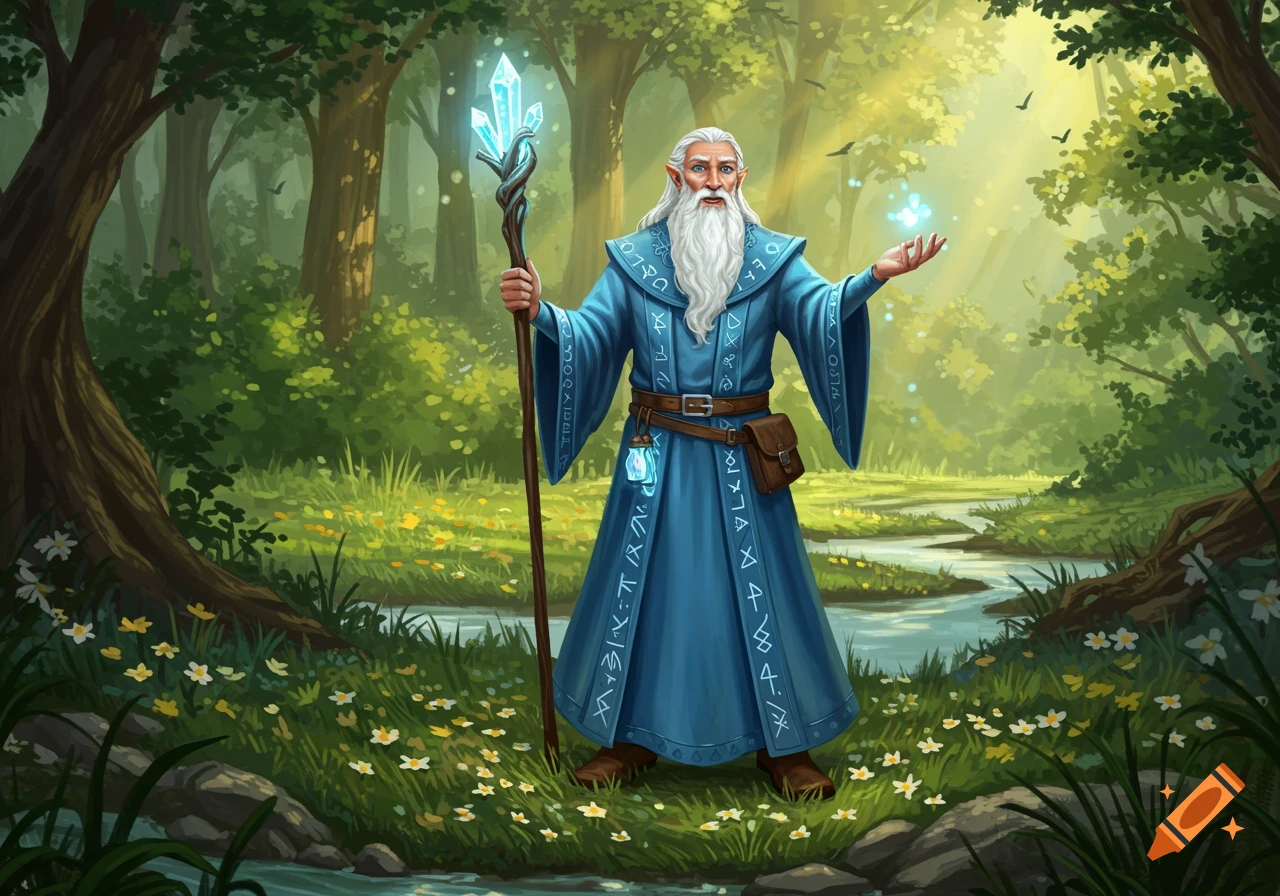 A wise old wizard with a long white beard and a blue robe stands in a vibrant forest with a crystal staff and glowing magic.