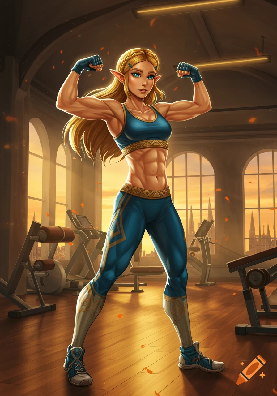 Princess Zelda from Breath of the Wild flexing muscles in a sunlit gym, in a detailed digital art style.