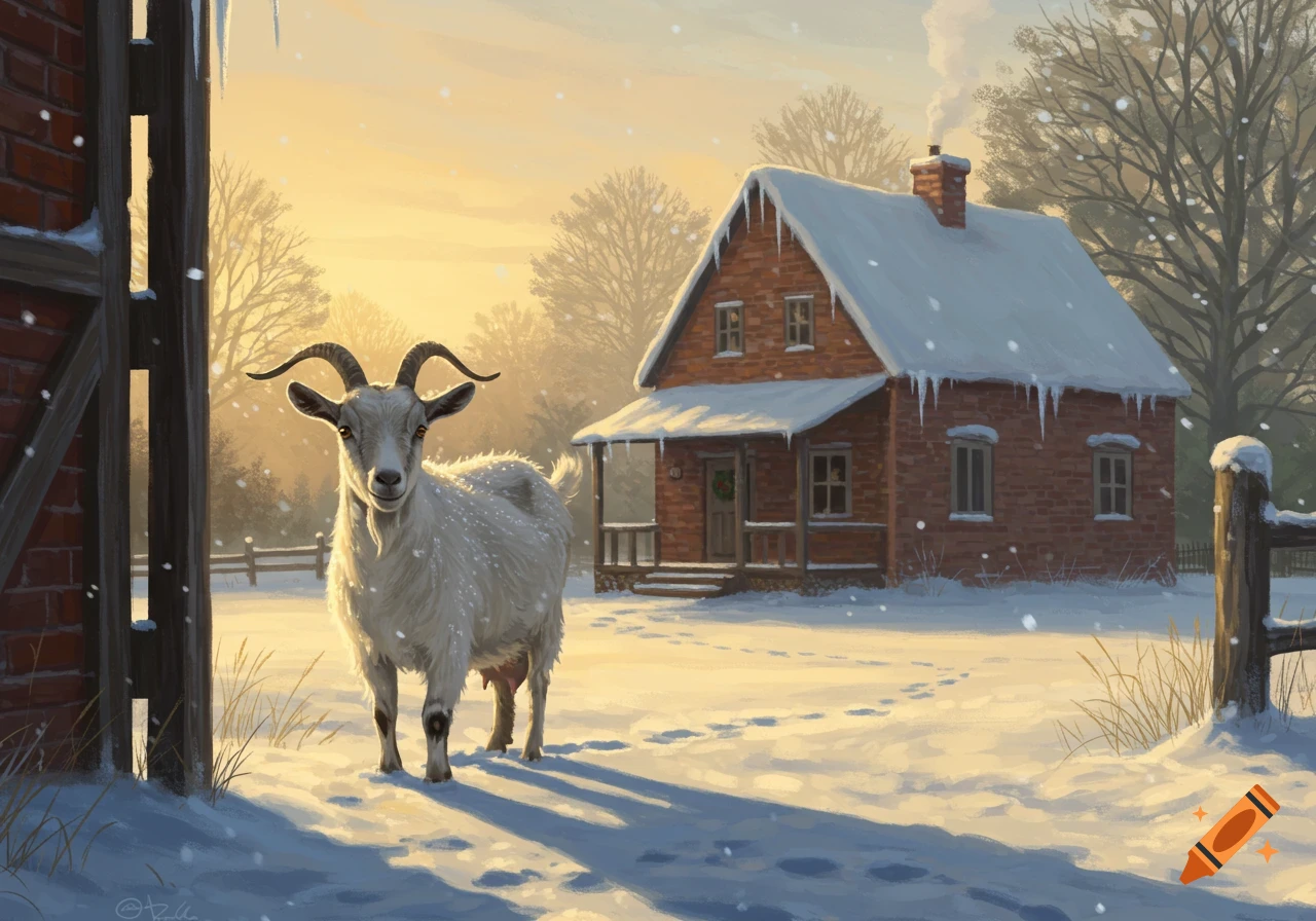 A white goat stands in a snowy farmyard in front of a brick house at sunset during winter, with snow falling.
