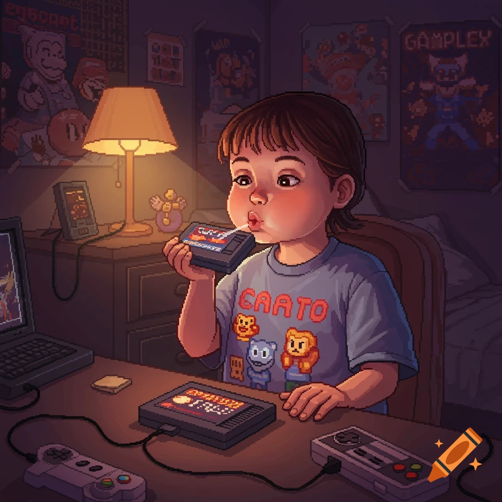 A pixel art illustration of a young child blowing into a retro video game cartridge while sitting at a desk with a game console and controllers.