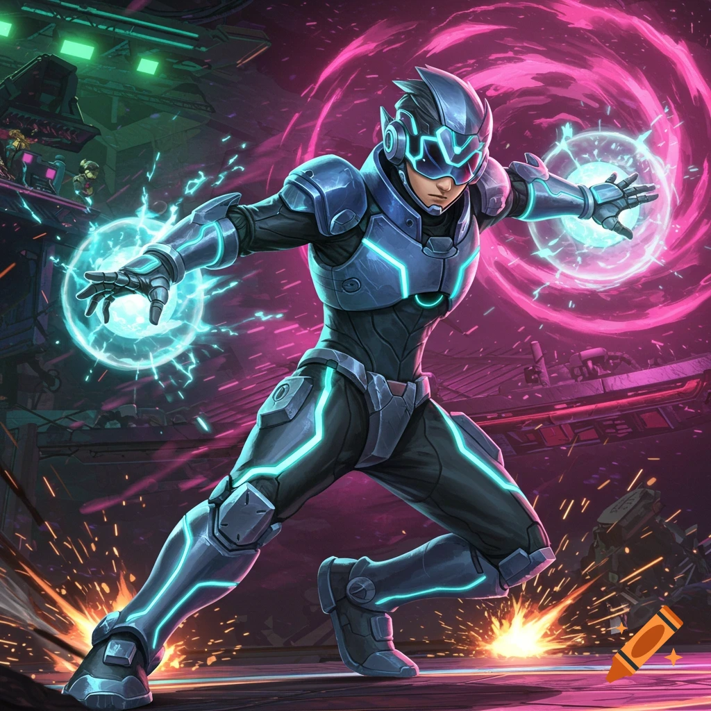 A futuristic character in blue and black armor with glowing cyan lines and hands extended, summoning swirling pink and blue energy against a dark, industrial background.