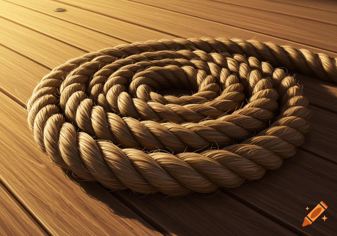 A coiled rope resting on a wooden deck, bathed in warm sunlight.