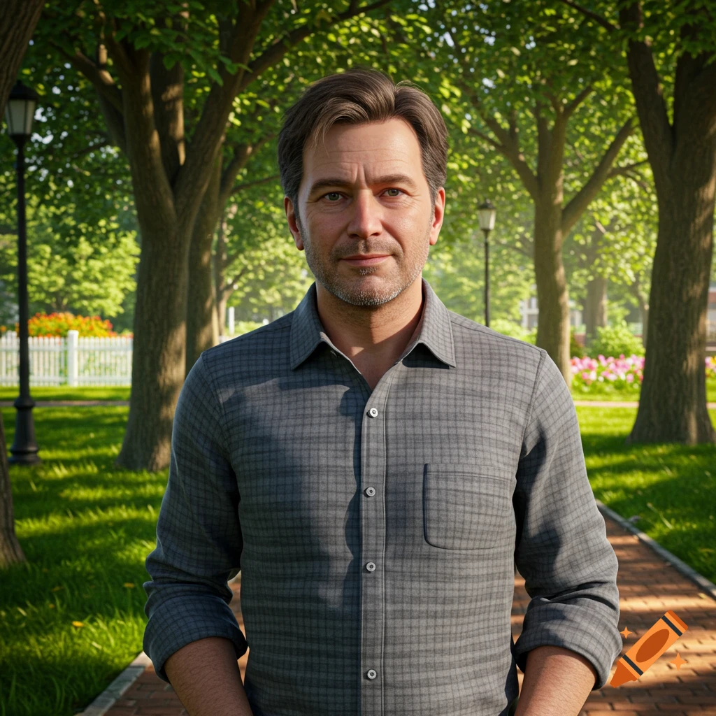 Photorealistic portrait of a man in a plaid shirt standing in a sunny park.