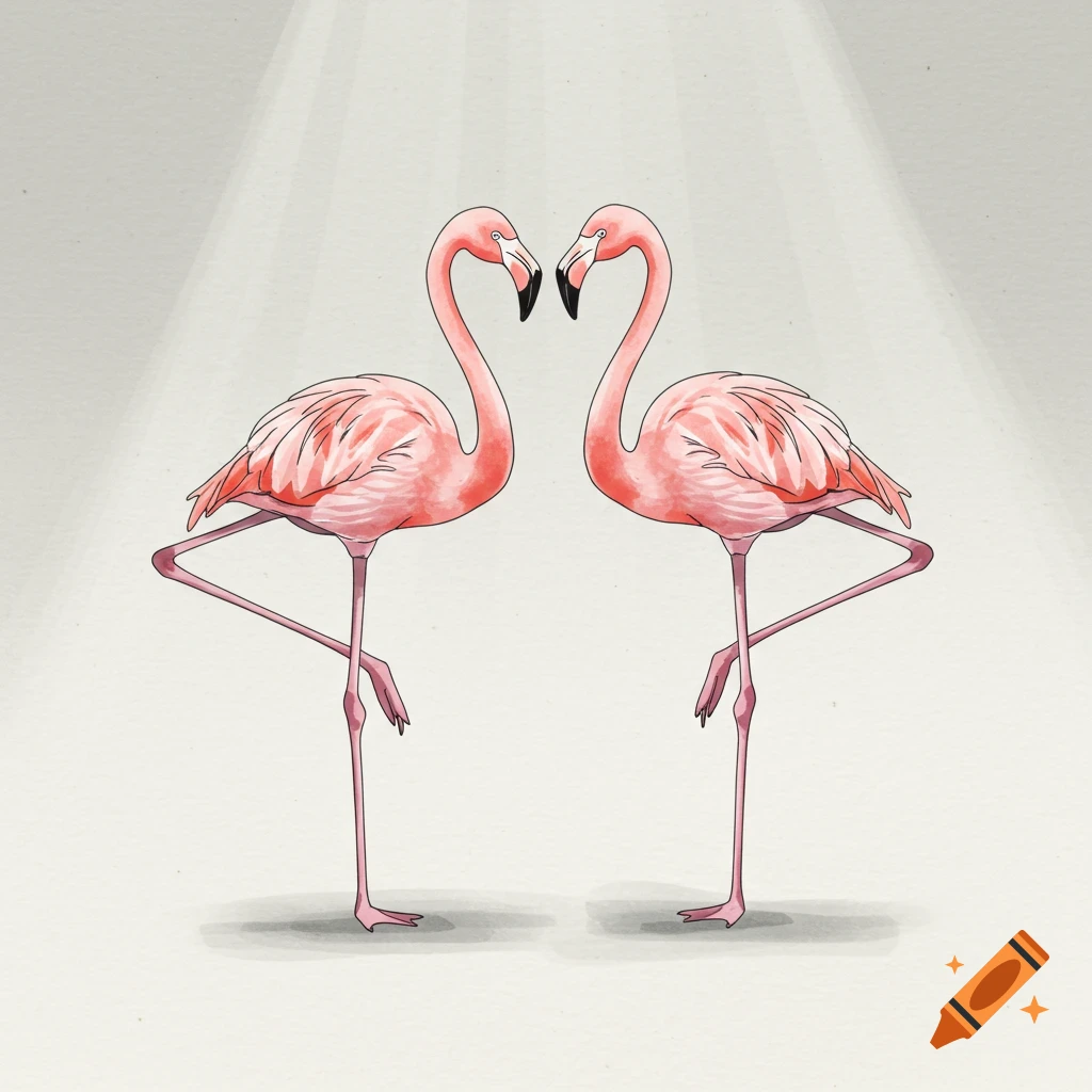 A minimalist illustration of two pink flamingos forming a heart with their necks, standing on one leg on a light background.