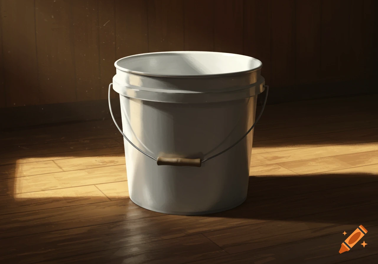 A white plastic bucket sits on a polished wooden floor, illuminated by a sunbeam entering a dimly lit room with wooden walls. Illustrated.