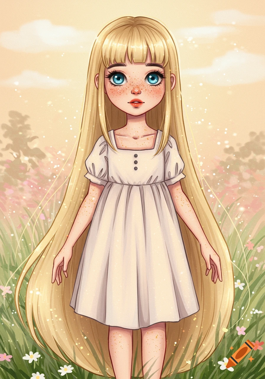 A cute cartoon girl with long blonde hair, bangs, blue eyes, and many freckles, wearing a white dress in a field of green grass and flowers.