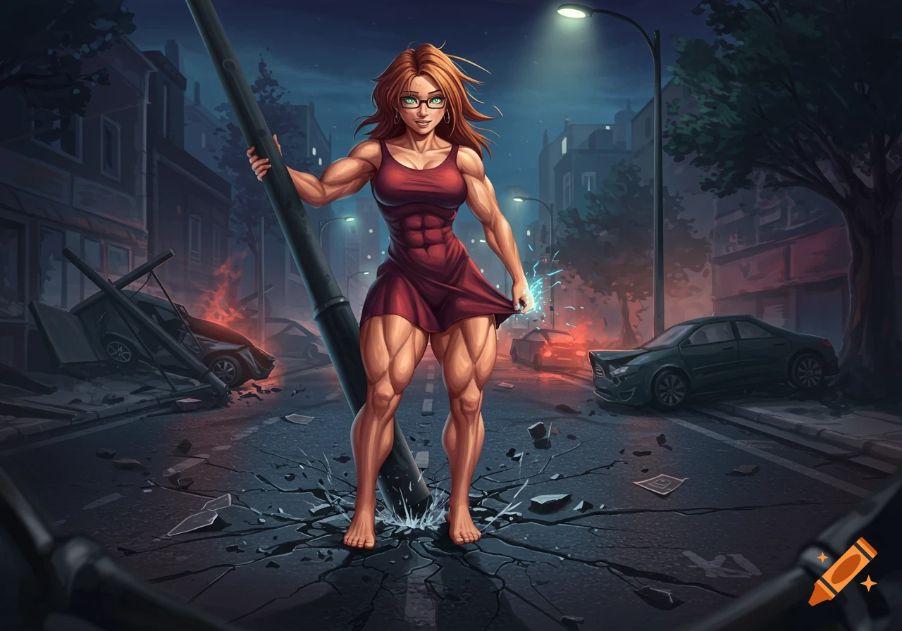 A super-strong, muscled woman in a red dress smiles, holding a bent lamppost in a destroyed city street at night, illustration.