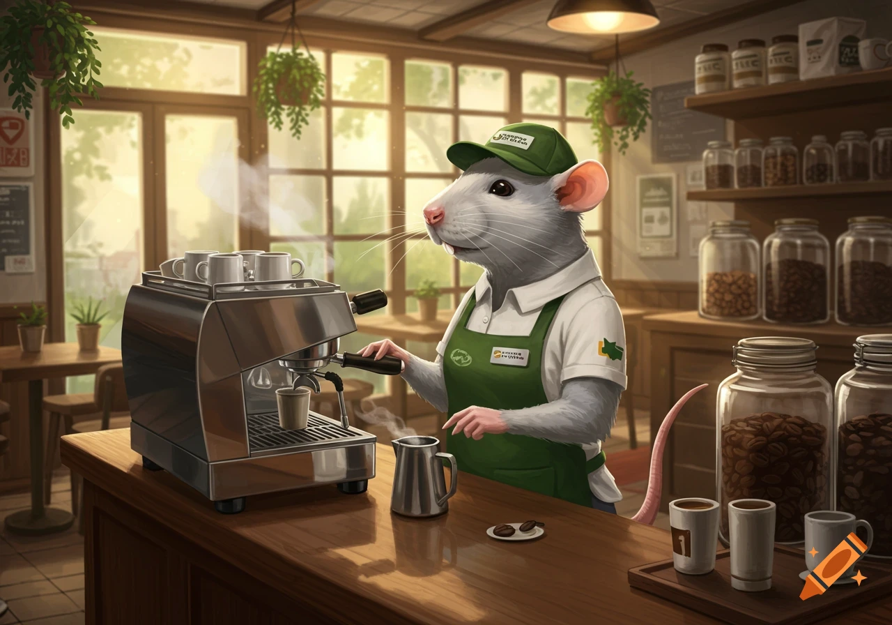 A photorealistic image of a white rat wearing a green barista uniform and cap, operating an espresso machine in a sunlit coffee shop.