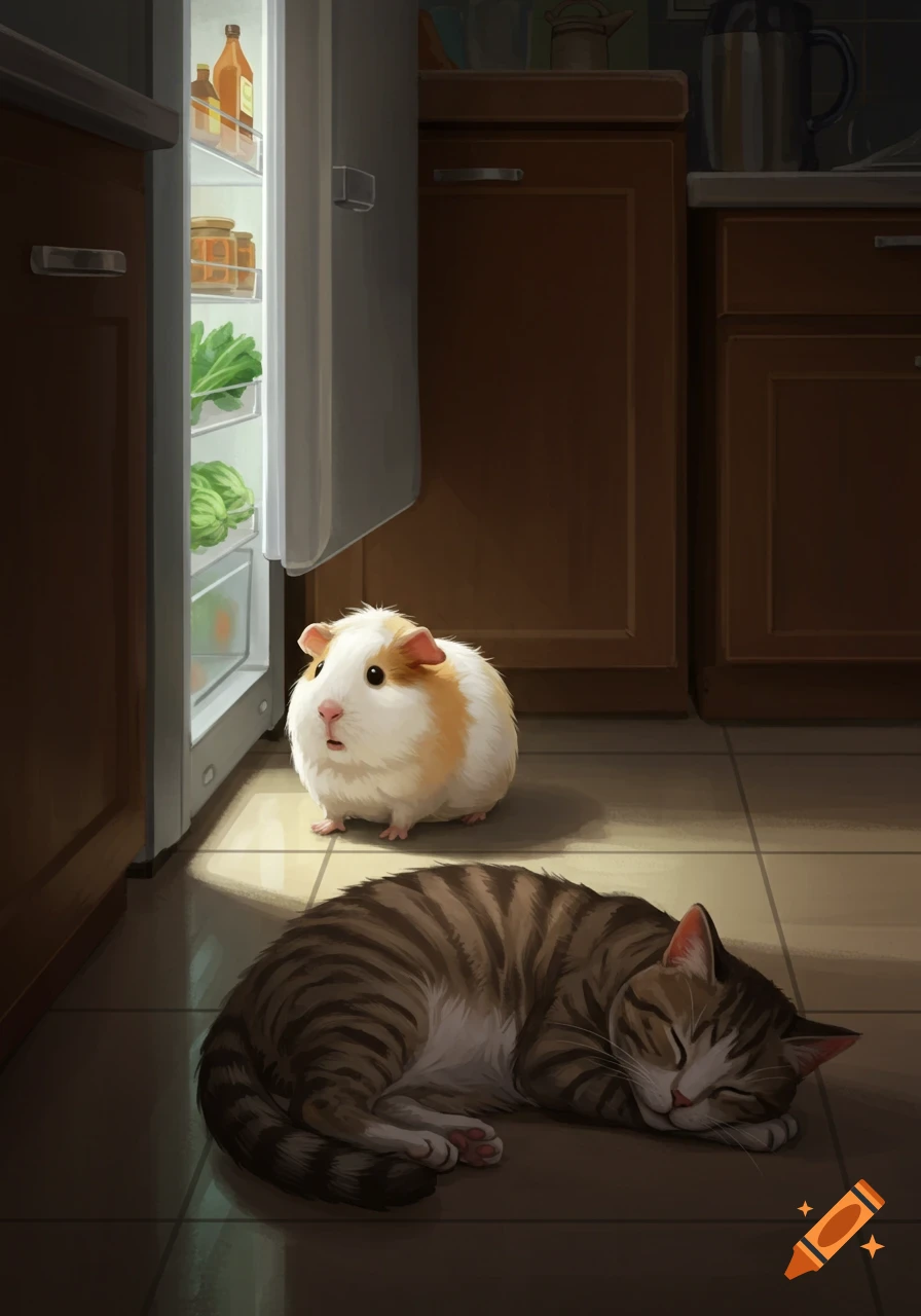 A guinea pig looks into an open refrigerator, while a tabby cat sleeps on the kitchen floor beside it.