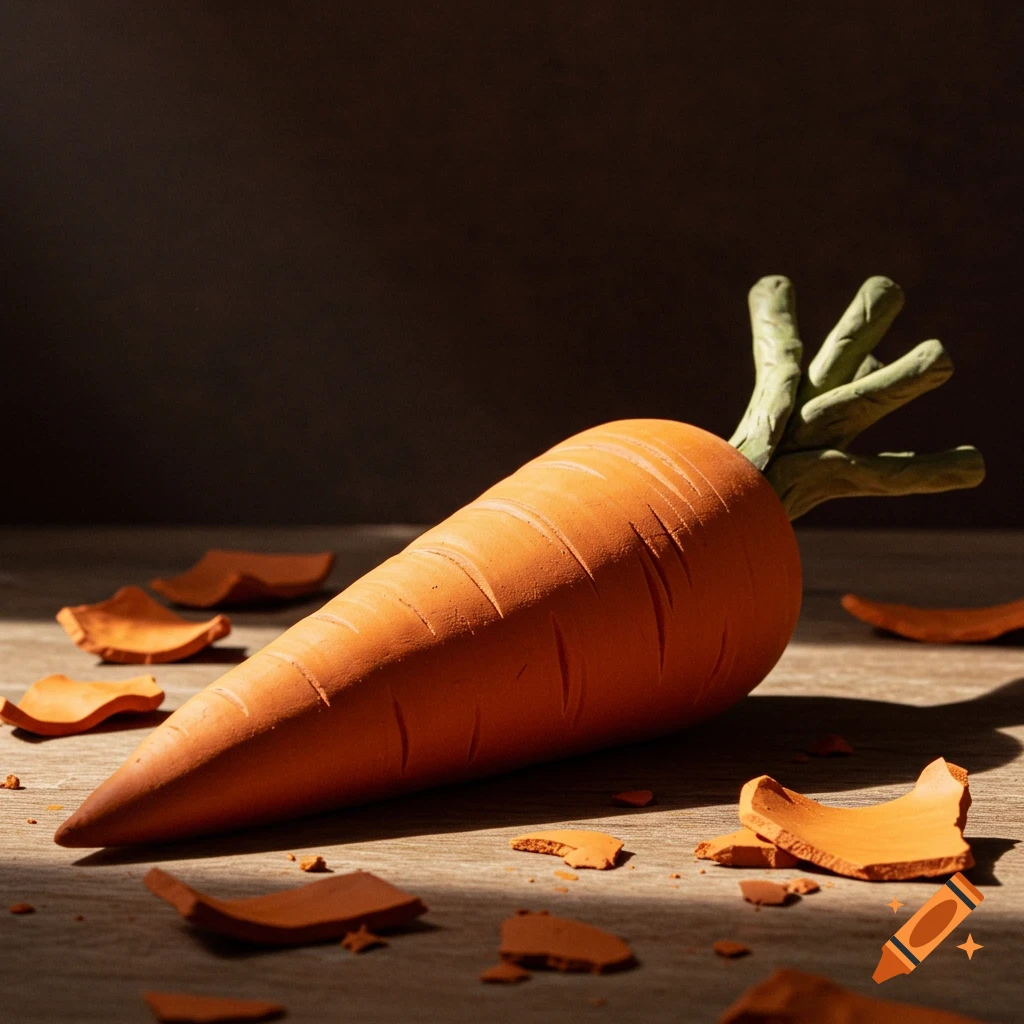 A photorealistic image of an orange clay carrot lying on a wooden surface, surrounded by broken terracotta pieces, with dramatic lighting.
