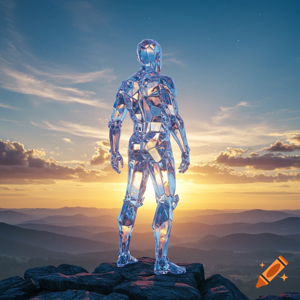 A shimmering crystal humanoid figure stands on a rocky mountain peak, gazing at a sunset over rolling hills.