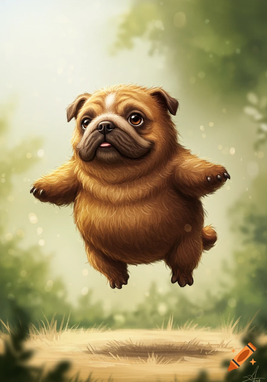 A fluffy brown cartoon dog-like creature with a pug face floats in a sunny, blurry green outdoor setting.