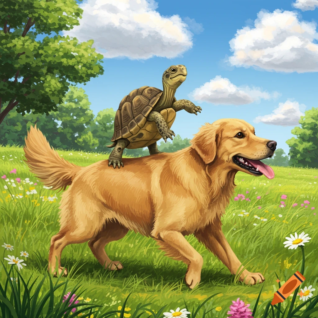 An illustration of a tortoise riding on a golden retriever's back in a sunny green field.