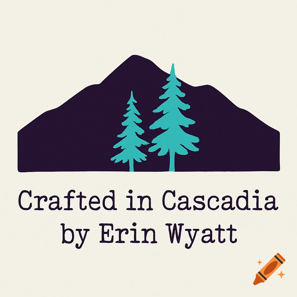 A minimalist logo features a dark purple mountain range with two turquoise evergreen trees in front. Text below reads 'Crafted in Cascadia by Erin Wyatt'.