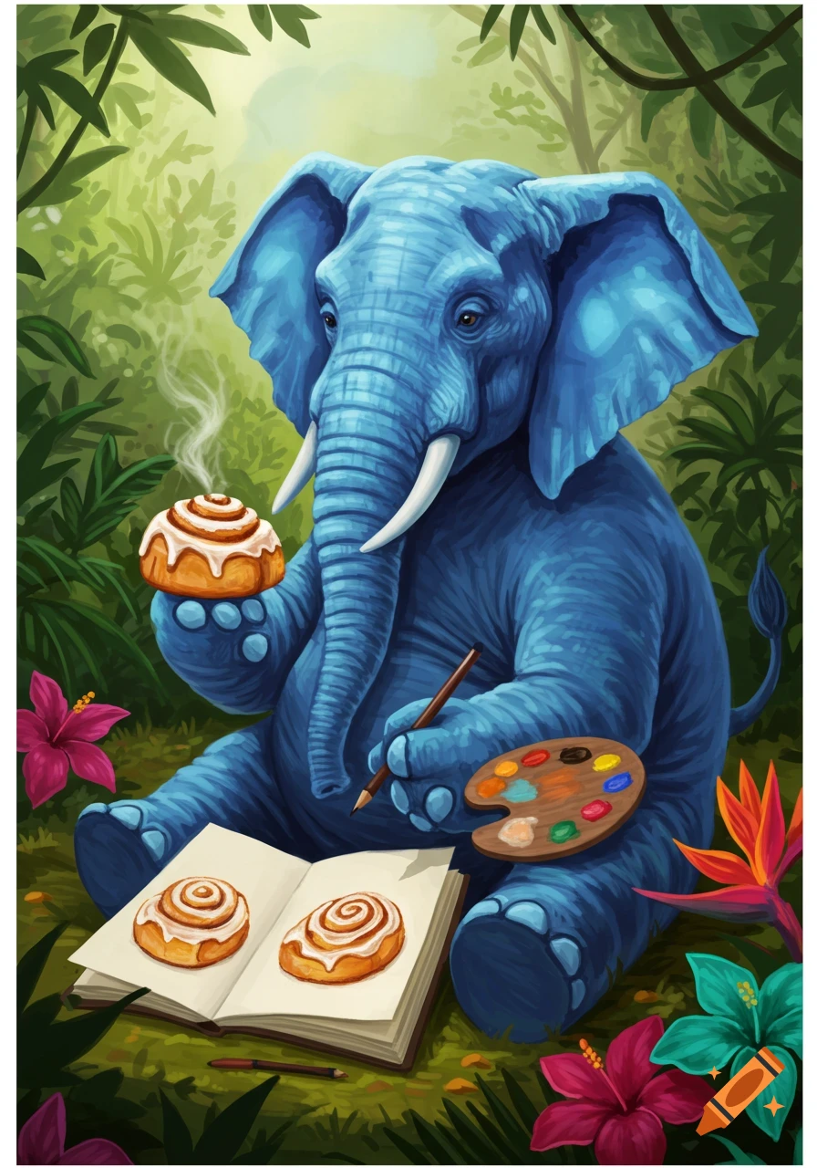 A whimsical blue elephant sits in a lush jungle, holding a steaming cinnamon roll and drawing another in a book with a paintbrush and palette.