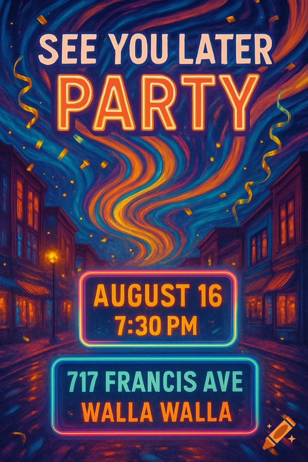 A vibrant party flyer with "SEE YOU LATER PARTY" text, event details, and address, set against a stylized cityscape with swirling lights and falling confetti.