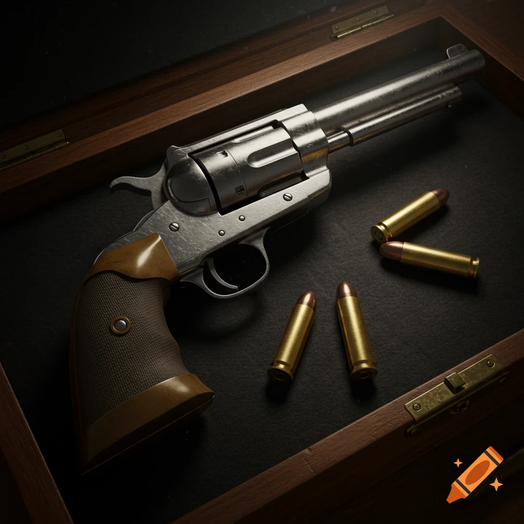 A photorealistic depiction of a silver revolver and four brass bullets in a dark wooden case.