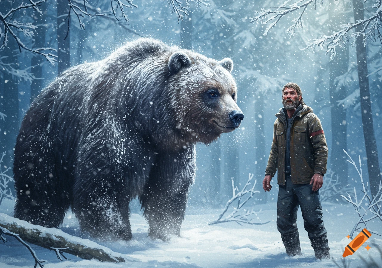 A large brown bear and a bearded man stand in a snowy forest, looking at each other during a snowfall.