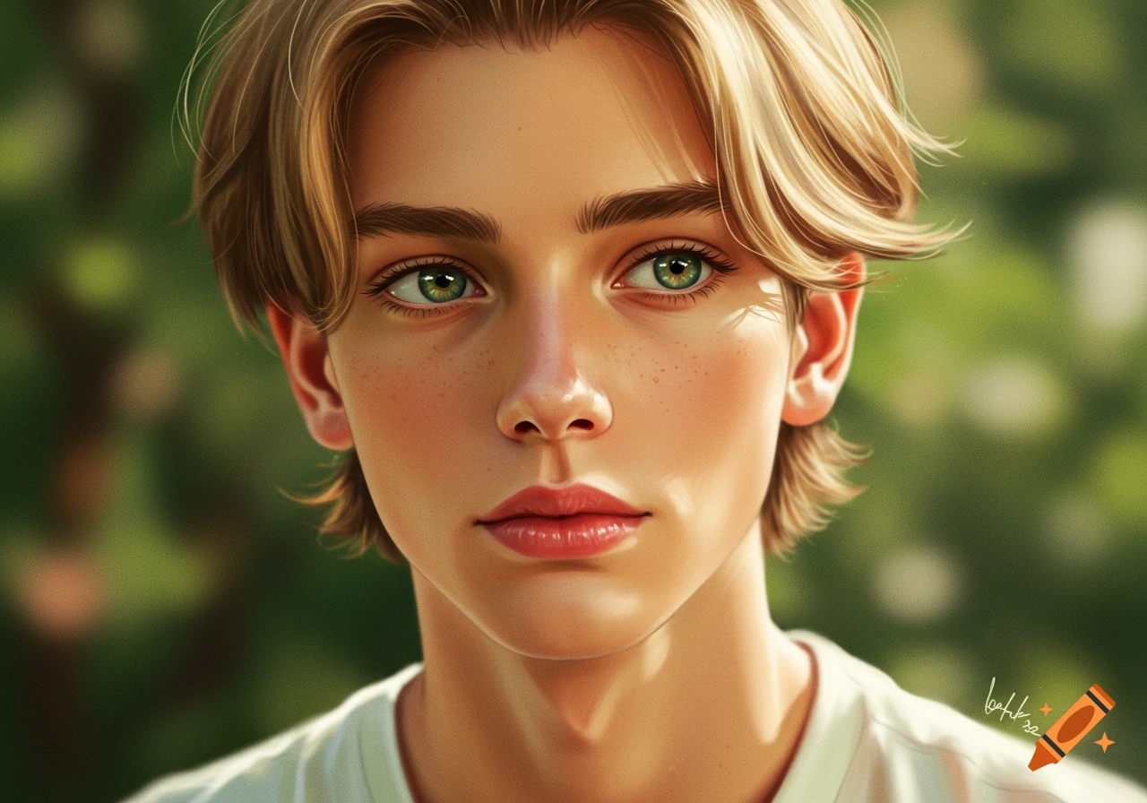 A close-up digital illustration of a young man with blonde hair, green eyes, and freckles, looking slightly left against a blurred green background.