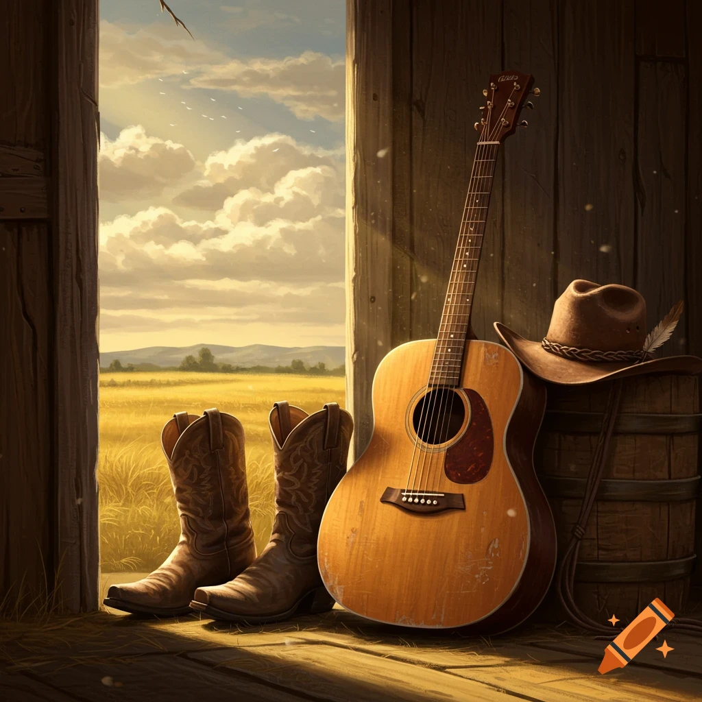 Acoustic guitar leans against a rustic wooden wall next to cowboy boots and a hat, with a sunny field and sky visible through an open barn door.