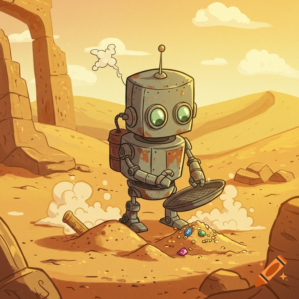 A rusty cartoon robot uses a gold pan to dig through a pile of colorful gems and coins in a sandy desert with ancient ruins.