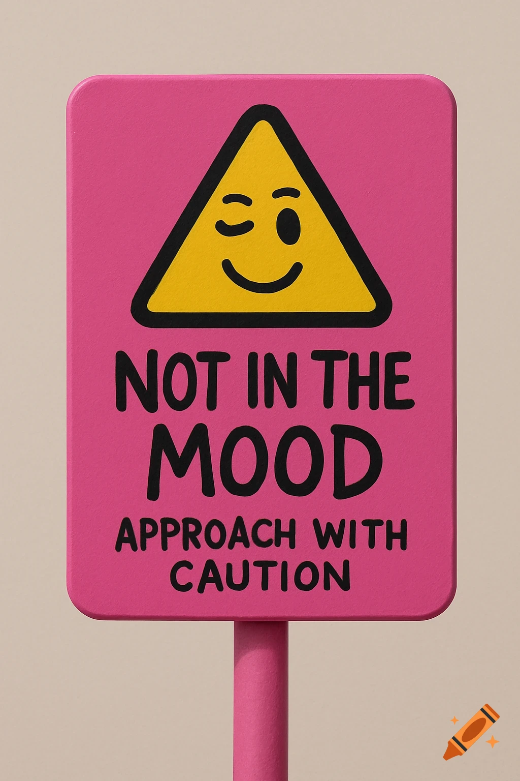 A pink warning sign on a pole with a winking smiley face and the text 'NOT IN THE MOOD APPROACH WITH CAUTION'.