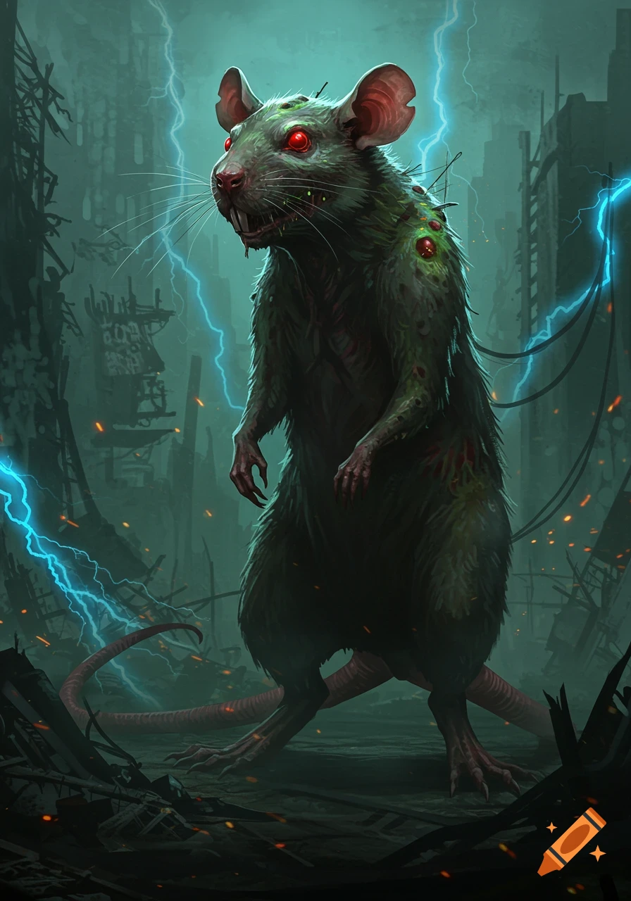 A large mutant rat with glowing red eyes and green fur stands in a ruined, dark cityscape with blue lightning.