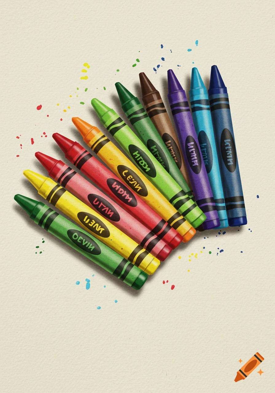 A fan of colorful crayons with watercolor splatters on a textured light background, viewed from above.