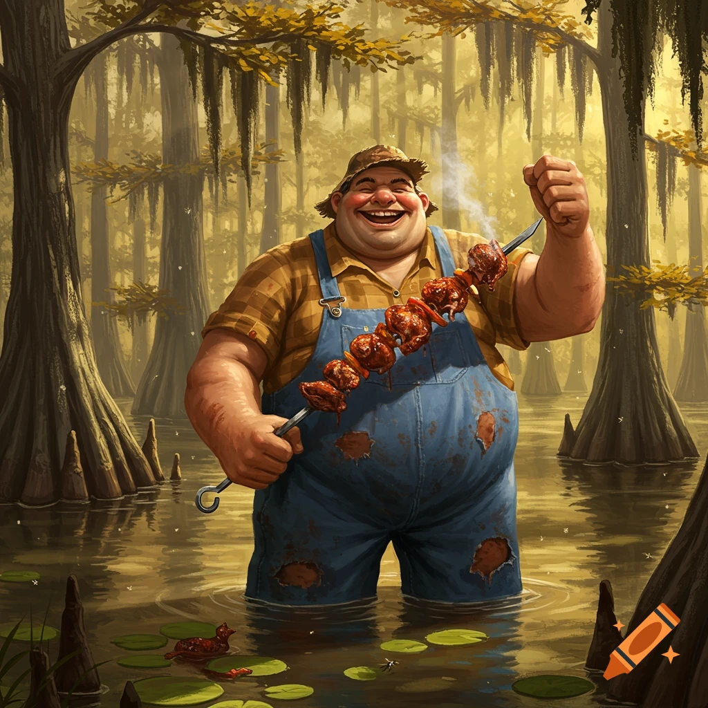 A grinning, large man in overalls stands in a murky bayou swamp, holding a smoking skewer of BBQ meat. Stylized illustration.