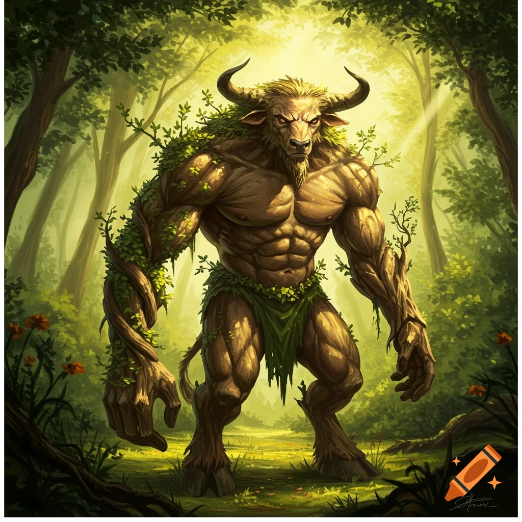 A muscular minotaur-like creature made of wood and vines, with red eyes and horns, stands in a vibrant sunlit forest.