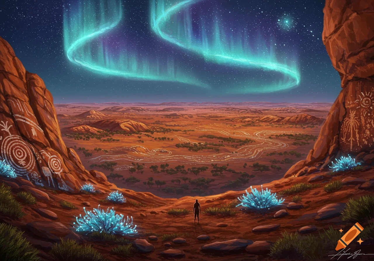 A lone figure stands in a vast desert landscape with glowing plants and ancient rock art under a vibrant aurora borealis night sky, in a fantasy art style.