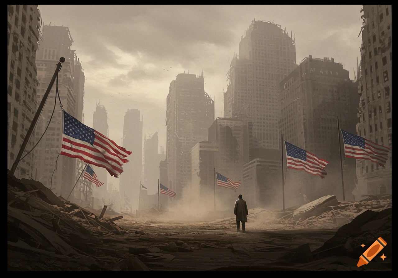 Photorealistic image of a lone man in a ruined, dusty city with tattered American flags flying.