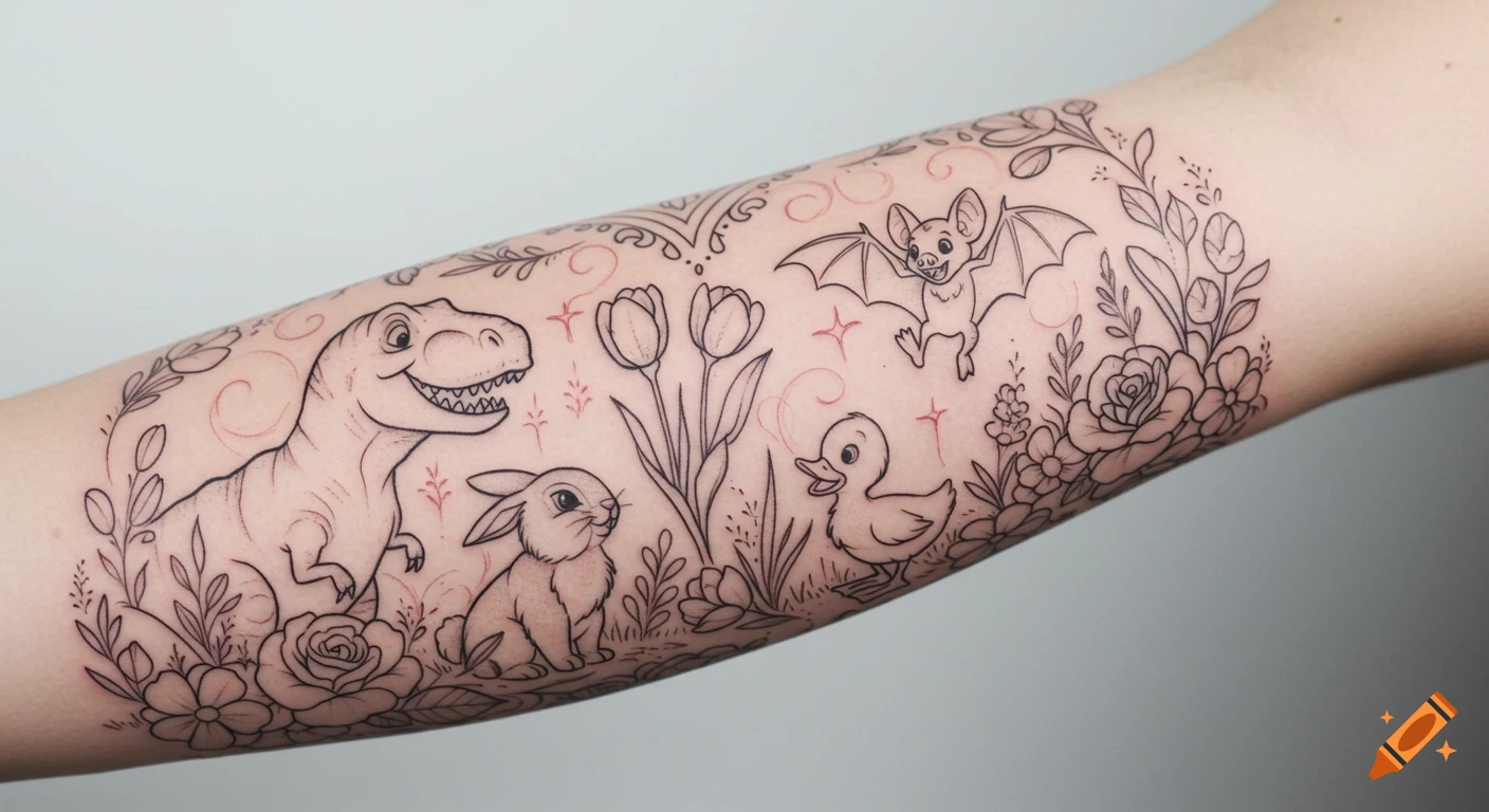 Black and white line art tattoo on a forearm featuring a T-Rex, bunny, bat, duckling, and flowers.