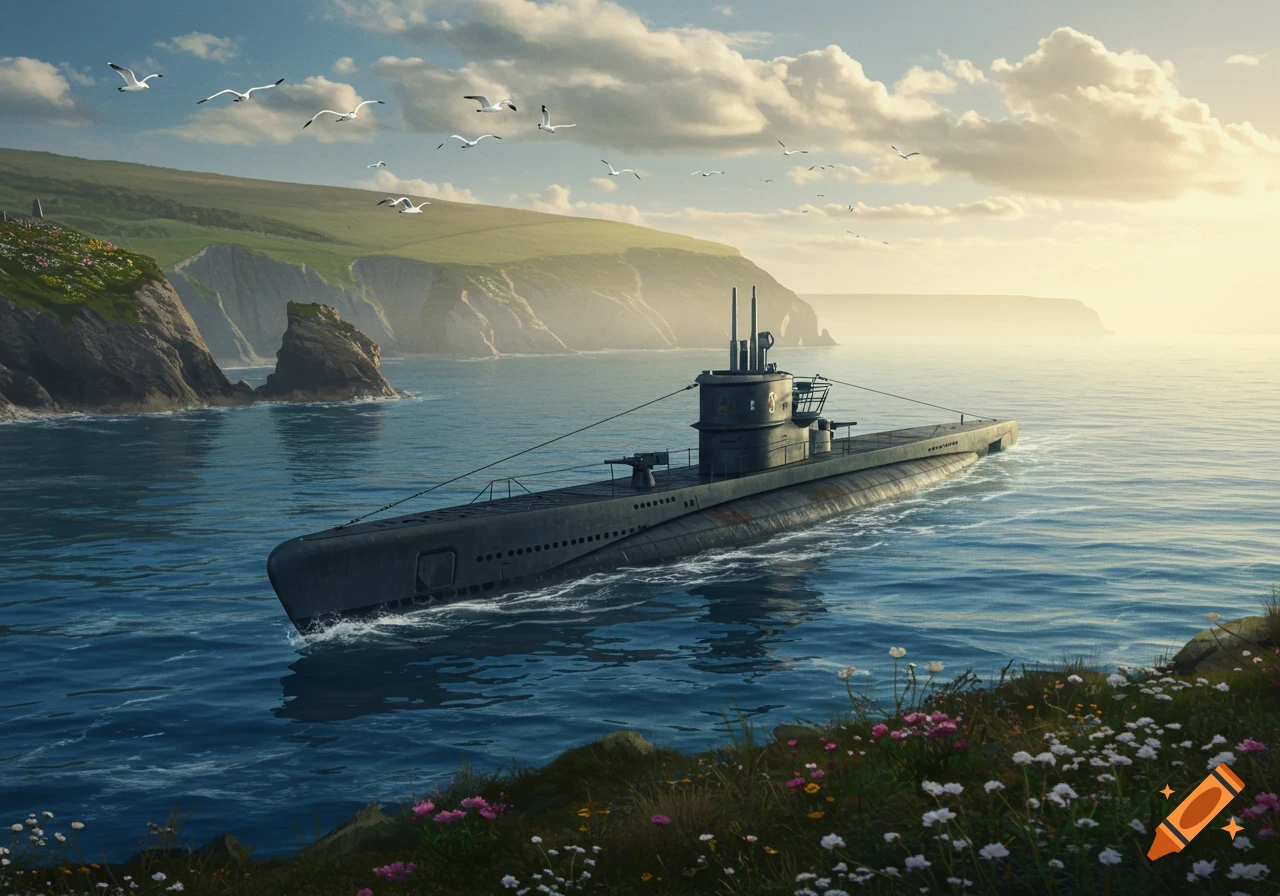 A photorealistic U-boat submarine cruises past green cliffs and seagulls under a sunny sky.