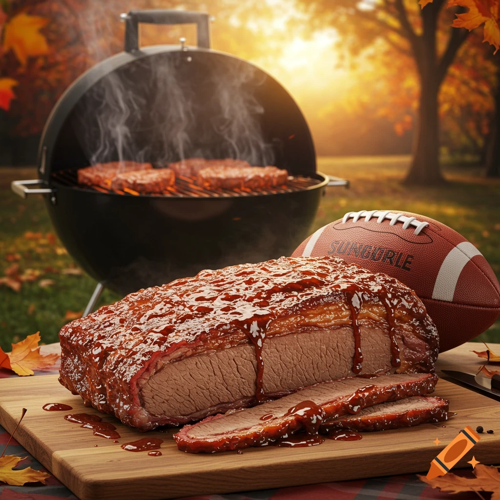 A sliced brisket covered in sauce on a cutting board next to a football, with a smoking grill in an autumn park background.