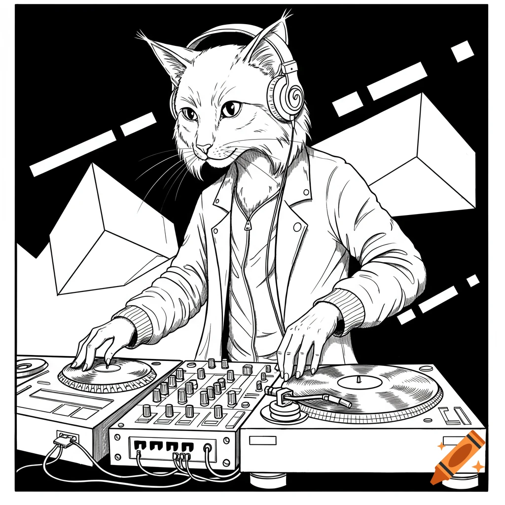 Black and white line drawing of a cat-like DJ wearing headphones and scratching a record on turntables.