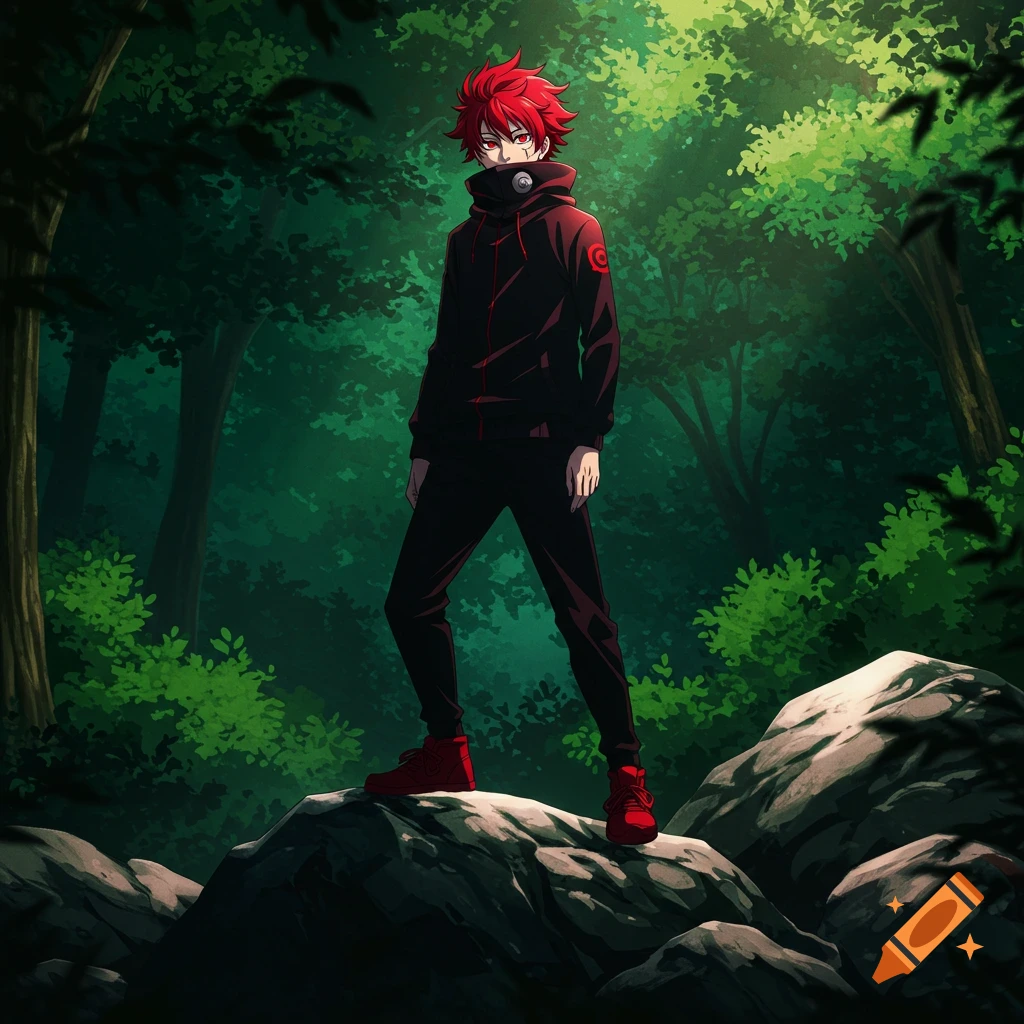 An anime guy with spiky red hair and red eyes stands on a large rock in a dark forest, wearing a black hoodie, black pants, and red shoes.