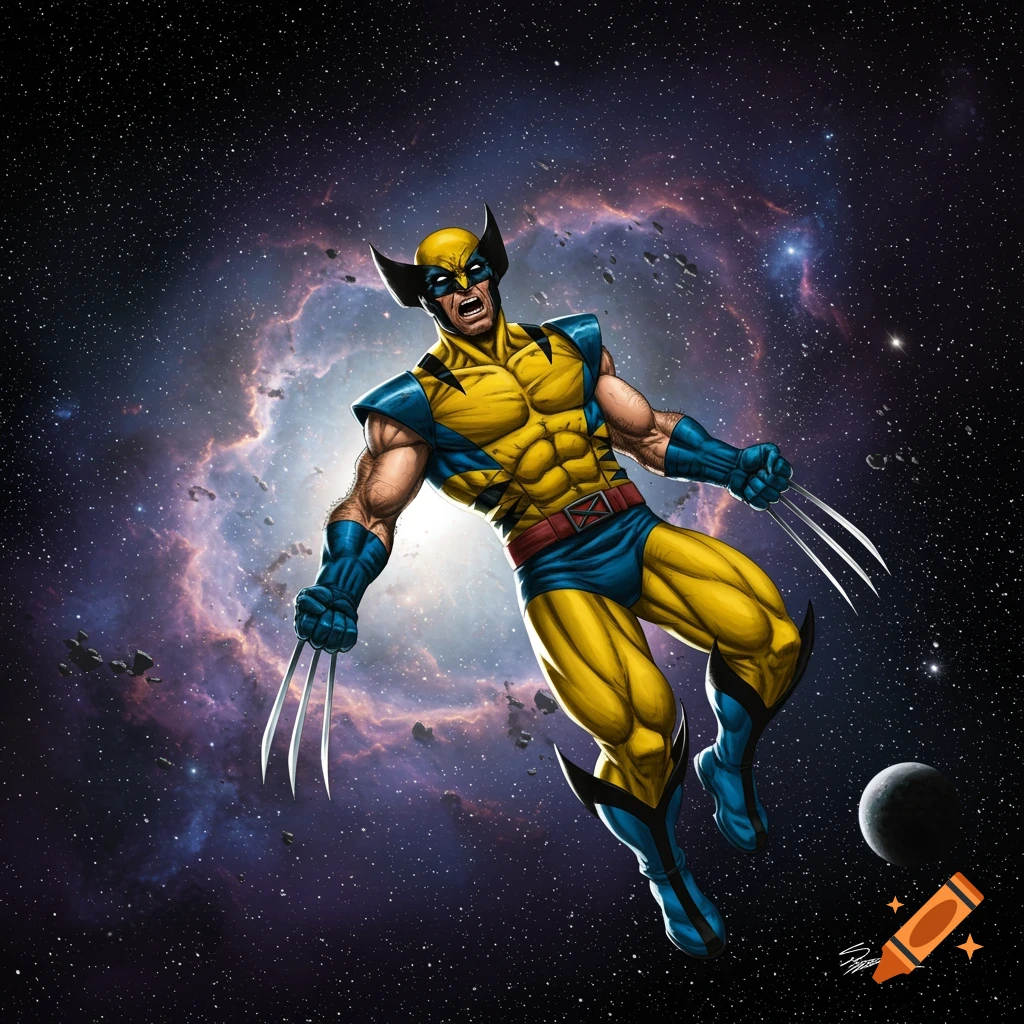 Wolverine in his classic yellow and blue suit floats in space with claws extended, a nebula and stars in the background, illustrated in a comic book style.