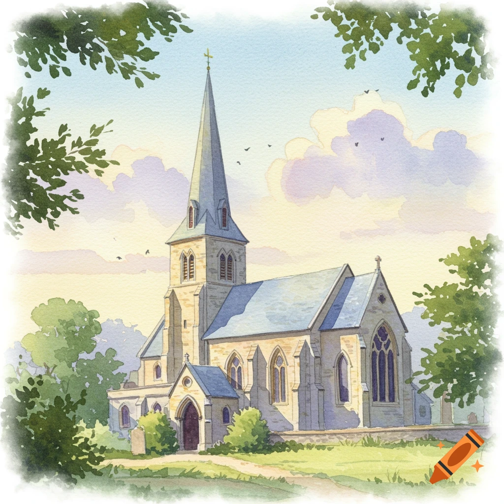 A watercolor painting of an old stone church with a tall steeple, surrounded by green trees under a partly cloudy sky.