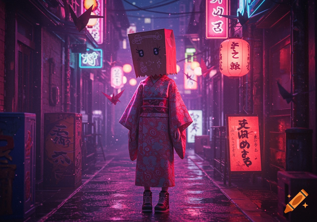 An anime character with a paper bag over their head, wearing a kimono, stands in a neon-lit, rain-slicked cyberpunk alleyway.
