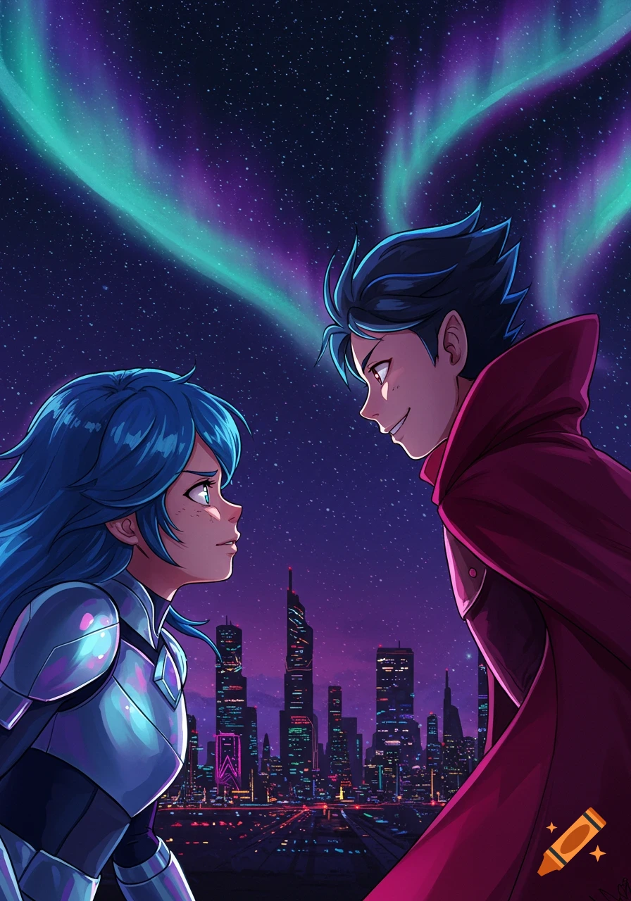 Anime couple, a girl in armor and a boy in a red cape, gaze at each other before a futuristic city skyline and heart-shaped aurora.