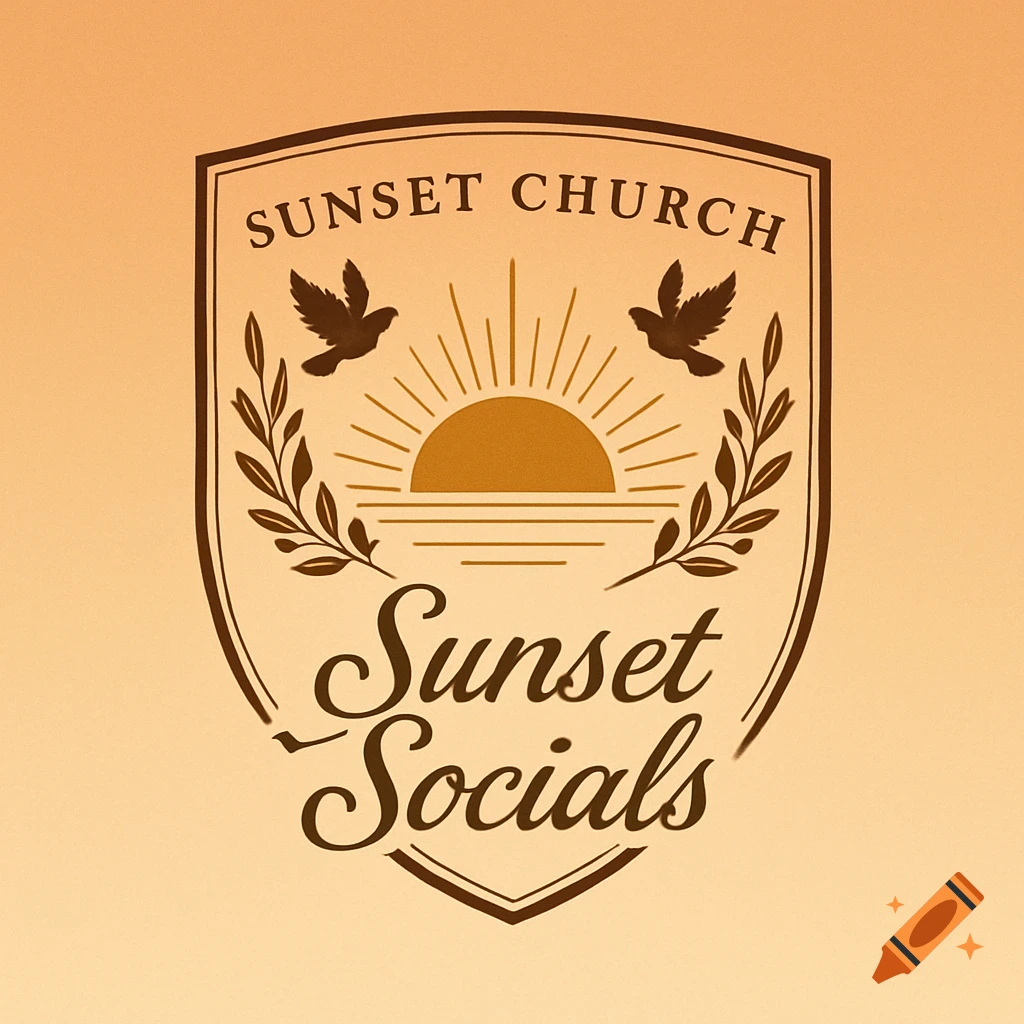 Vintage-style shield logo for Sunset Church and Sunset Socials with a sunset, doves, and olive branches.